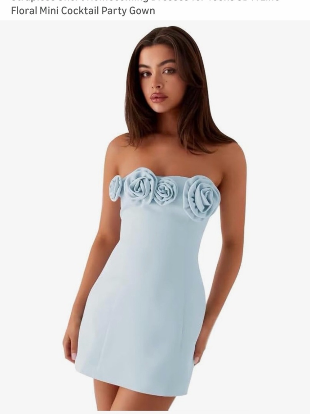 Strapless Rose-Trim Mini Dress in Light Blue